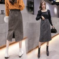 毛呢秋冬半身裙中长款冬季百搭加厚打底裙子a字复古格子包臀裙潮
