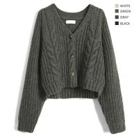 2021秋季气质港味小仙女出街高腰v领绞花毛衣女针织开衫