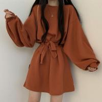 秋装2021新款韩版气质收腰显瘦色系带内搭宽松外穿灯笼袖连衣裙