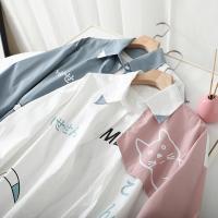猫咪长袖衬女日系拼色学院风初中高中学生韩版宽松卡通衬衣女潮