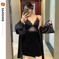 秋冬新款v领性感睡裙金丝绒睡衣开衫蕾丝吊带两件套腰部镂空睡袍