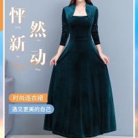 秋冬季节连衣裙复古法式假两件长裙修身显瘦金丝绒长袖连衣裙大码