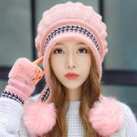 护耳针织毛线帽子女冬季时尚针织帽潮韩版百搭加厚帽子保暖手套女