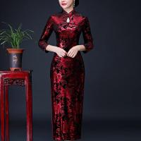 金丝绒长款 修身中老年大码长袖 妈妈冬装 旗袍