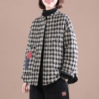 2021冬装新款棉麻外套韩版大码显瘦贴布加厚立领夹棉格子棉衣女潮