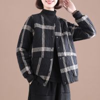 2021冬装新款棉麻外套韩版大码显瘦印花加厚立领夹棉格子棉衣女