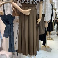 2021秋季高腰显瘦中长款包臀裙子气质百搭咖啡色a字百褶半身裙女