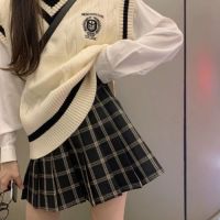 三件套学院风女复古春秋白色衬衫+马甲毛衣+百褶半身裙单件套装