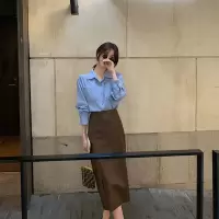 感菱格衬衫女套装2021秋冬设计感气质衬衣休闲长袖中长皮裙女