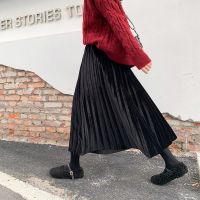 金丝绒百褶半身裙女春秋新款中长款秋冬季高腰显瘦a字长裙子