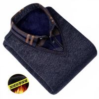 冬季色加绒加厚假两件爸爸装毛衣男保暖衬衫翻领大码宽松针织衫