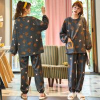 睡衣女长袖秋冬棉质女套装卡通可爱少女圆领长裤可外穿女春家居服