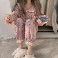 秋季睡衣女2021年新款长袖宽松薄款花边可爱兔子家居服套装春秋款