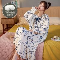 自带胸垫睡裙秋季棉质长袖公主风睡衣仙可爱宽松大码睡裙家居服