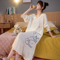 睡裙女春秋季棉长袖裙子睡衣宽松大码公主风可爱长款过膝家居服