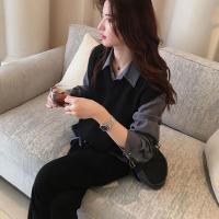 单件/套装衬衣春秋新款韩版宽松长袖衬衫女v领毛衣百搭马甲两件套