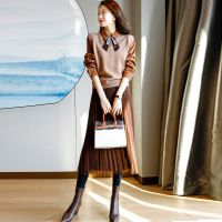 2021秋冬季新款气质宽松短款马甲套装长袖衬衫女百搭半身裙三件套