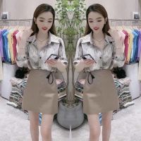 单/套装衬衣女宽松2021早秋气质上衣水墨港味复古衬衫pu皮包臀裙