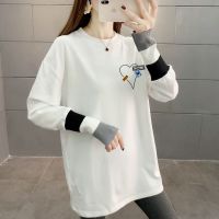 印花拼接白色t恤女2021春韩版新款中长款内搭宽松打底衫女