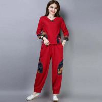 民族风女装中式刺绣复古唐装女士两件套文艺棉麻上衣女夏短袖套装