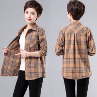 中老年女装棉格子衬衫中年春秋全棉长袖大码衬衣女妈妈夏装上衣