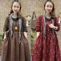 棉麻碎花连衣裙收腰民族风宽松显瘦春秋新款中长款长袖长裙子
