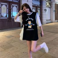 2021夏季新款假两件短袖t恤女卡通网红小熊印花宽松显瘦日系上衣