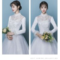 韩版冬季新款新娘加厚长袖保暖婚纱孕妇立领齐地大码婚纱礼服
