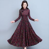 秋冬女加绒加厚旗袍连衣裙长款大摆新款长袖长裙洋气妈妈装打底裙