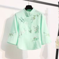 古风上衣中袖刺绣棉麻唐装茶服中式女装夏民国风斜襟盘扣短款旗袍