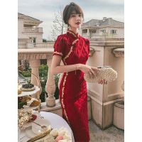 蕾丝旗袍敬酒服新娘酒红色2021新款订婚回门礼服裙女平时可穿夏季