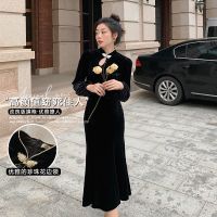 许大晴《窈窕佳人》复古法式丝绒改良版旗袍连衣裙女修身包臀长裙