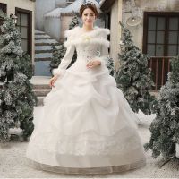 2021冬季韩版新款新娘婚纱保暖加棉加厚一字肩婚纱礼服
