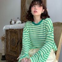 薄款条纹拼接t恤女2021夏新款青春减龄慵懒风宽松长袖上衣ins