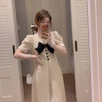 法式复古温柔风连衣裙2021夏季新款蝴蝶结裙子复古气质显瘦