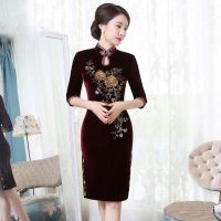 旗袍女钉珠金丝绒连衣裙遮肚气质妈妈婚礼长短款礼服生日宴会婚宴