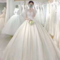 法式星空婚纱新娘2021新款遮粗手臂奢华大拖尾礼服高腰孕妇公主裙