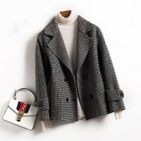 2021新款千鸟格双面羊毛女呢子大衣短款西装领宽松小个子毛呢外套