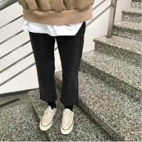 裤子女学生韩版宽松显瘦秋季黑色直筒牛仔裤高腰九分大码阔腿长裤