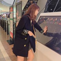 2021新款西服女中长款春秋季休闲韩版宽松学生翻袖格子小西装外套