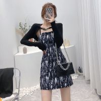 辣妹两件套装秋季新款长袖坎肩上衣+高腰显瘦吊带连衣裙短裙