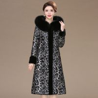 新款秋冬两面穿印花皮毛一体皮草外套女中长款仿貂绒大衣加绒加厚