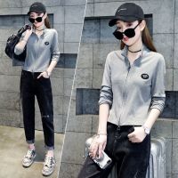 长袖t恤女装2021春秋装新款修身短款立领开衫打底衫上衣潮