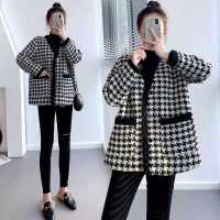 小香千鸟黑白格子外套女秋冬季2021年新款百搭韩版宽松毛呢子大衣