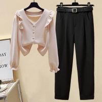 大码女装秋季套装女2021新款收腰显瘦减龄洋气长袖西装裤两件套潮15天内发货