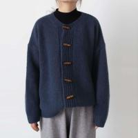 2021厚实学院风新复古牛角扣毛衣开衫秋季法式百搭宽松毛衣外套女