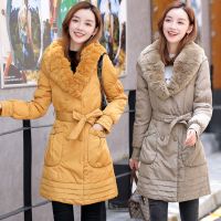 獭兔毛领连帽中长款羽绒服女时尚修身腰带款白鸭绒冬装外套