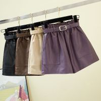 送腰带pu皮咖色阔腿皮裤女大码时尚高腰洗水皮短裤秋冬新款外穿