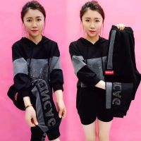 时尚重工烫钻连帽卫衣两件套女2021早秋新款宽松显瘦休闲运动套装