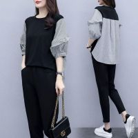 2021夏装新款时尚休闲大码女装宽松显瘦遮肚两件套条纹洋气套装女